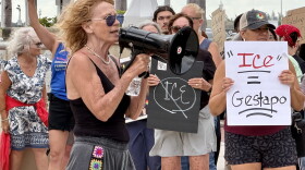 Legal observer June Sanson speaks to a crowd of approximately 150 people during the Ice Out Now protest in front of the Luminary Hotel in downtown Fort Myers in a effort to shine light on how ICE agents are staying in hotels to preform ICE activities throughout the community.