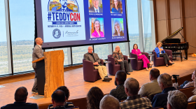 Michael Patrick Cullinane introduces moderator Craig Blumenshine and historians Kathleen Dalton, Lindsay Chervinsky and Stacy Cordery at the Theodore Roosevelt Presidential Library during TeddyCon on Friday, Oct. 9, 2026.