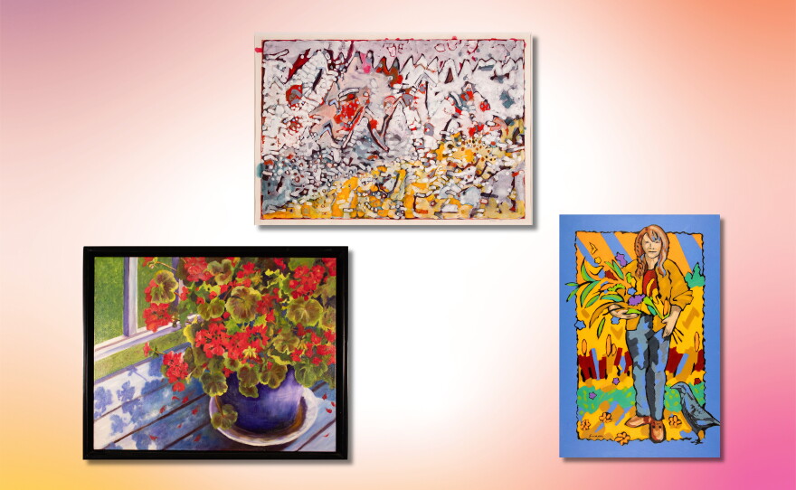 A painting of red flowers in a purple pot in the bottom left, a painting of red, white, yellow and blue colors in the top middle, and a bright yellow and blue painting of a woman holding flowers on the right. 
