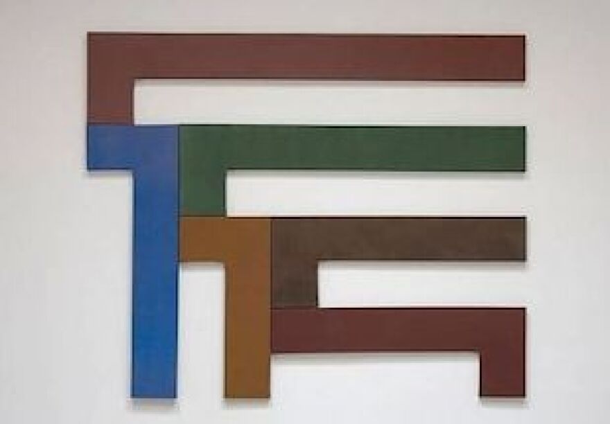 David Novros irregularly shaped multi-paneled painting.