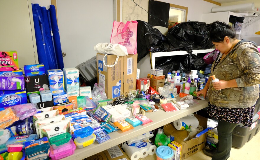 Personal hygiene products are laid out for storm evacuees at the Bethel Search and Rescue building in Bethel on Oct. 14, 2025.