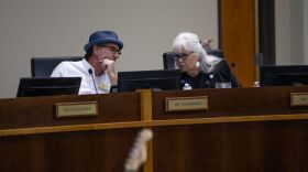 Left to right: Democrat Dr. Tim Merrick and Republican Pat Bradford at a meeting in 2025