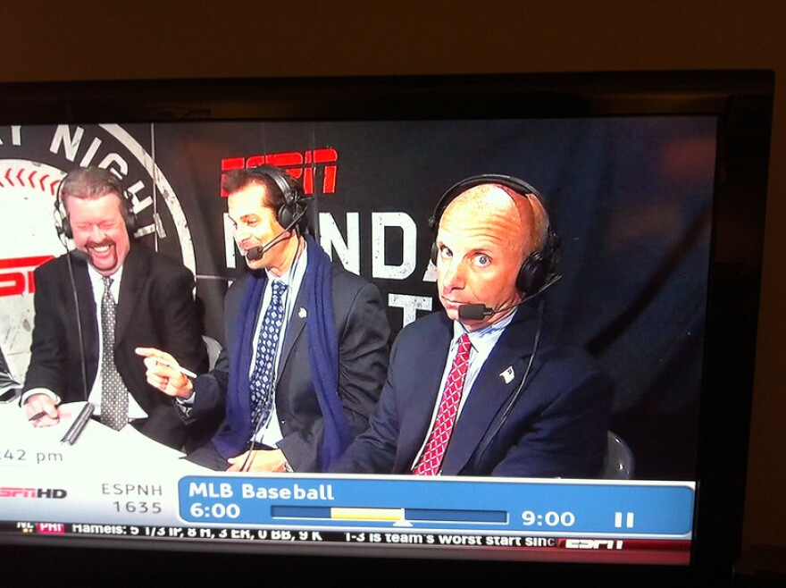 WEEI-FM broadcaster Sean McDonough, right, in the booth during a recent telecast.