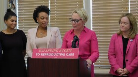 Planned Parenthood of Delaware Board of Director's Chair Stacey Hassel speaks on House Bill 110 beside the bill's co-sponsors House Majority Leader Melissa Minor Brown (D-New Castle) (left) and State Sen. Kyle Evans Gay (D-Talleyville) (right) on Friday at Legislative Hall in Dover, Del.