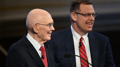 LDS President Dallin H. Oaks (left) with newly appointed apostle Clark G. Gilbert
