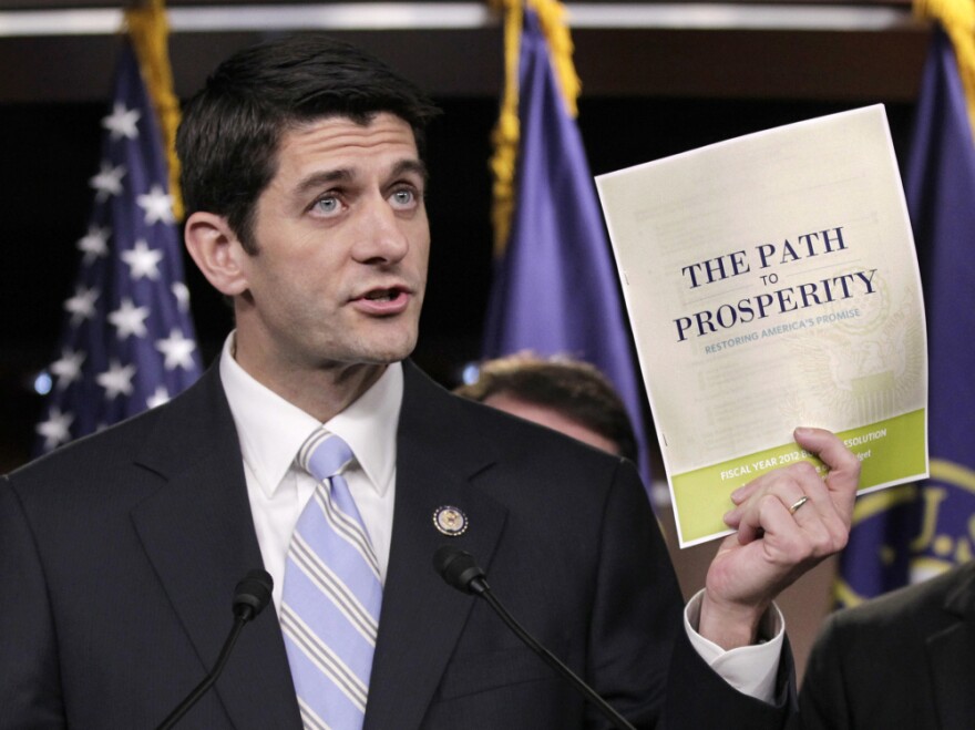 House Budget Committee Chairman Paul Ryan touts his 2012 federal budget during a news conference April 5.