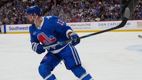Colorado Avalanche right wing Valeri Nichushkin (13) in the first period of an NHL hockey game April 11, 2026, in Denver.