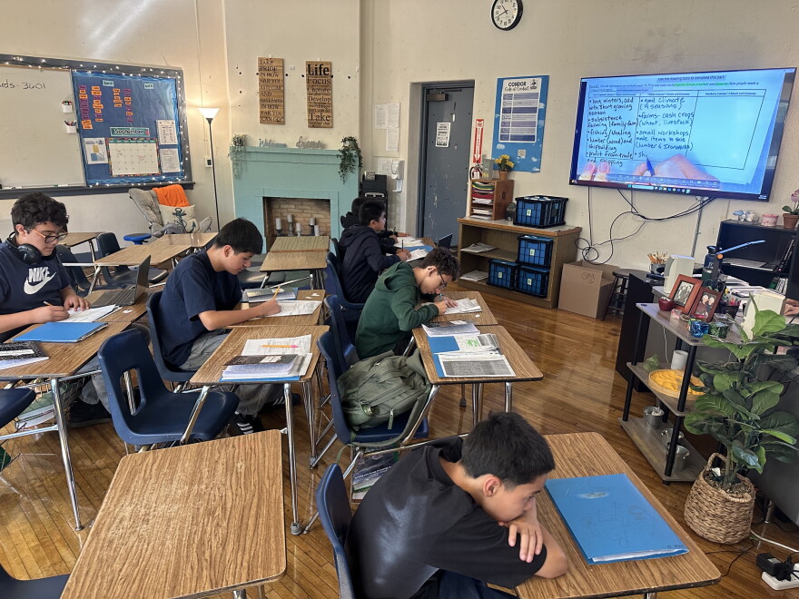 The Isbell Middle School classrom used by Sarah Edwards for eighth grade history is one of 12 rooms on the campus which still has a fireplace dating back to the 1920's.