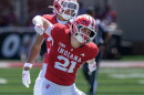 Indiana linebacker Jacob Savage (21) reacts after making a defensive stop during the second half of an NCAA college football game against North Texas, Saturday, Sept. 5, 2026, in Bloomington, Ind.