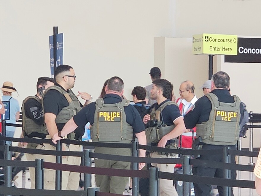 Federal immigration officers deployed at Southwest Florida International Airport as a government shutdown continues and Transportation Security Administration workers remained unpaid. Some TSA workers have quit or not shown for work due to not being paid.