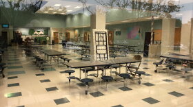 An empty cafeteria at Davis Drive Elementary School in Cary, N.C.