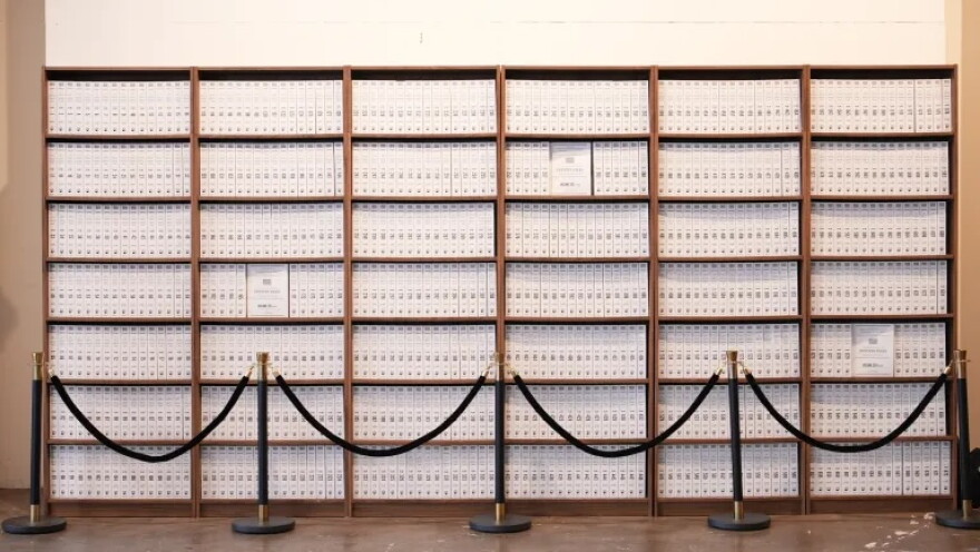 Parts of the reading room wall that has the 3.5 million Jeffrey Epstein documents released by the Justice Department.