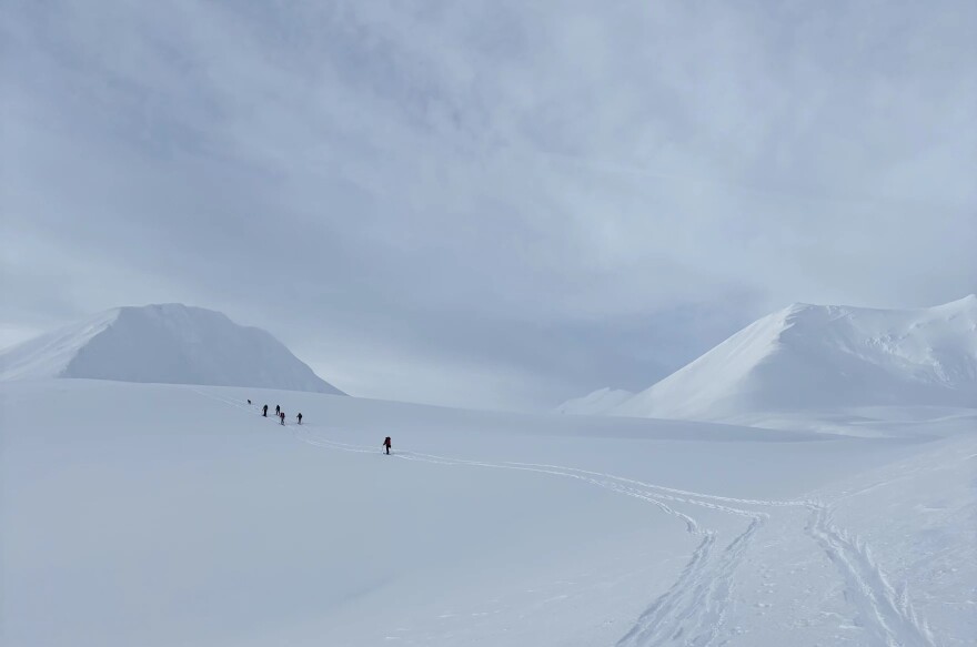 A small group of backcountry skiers ascend a slope near Haines Pass in January, 2026.
