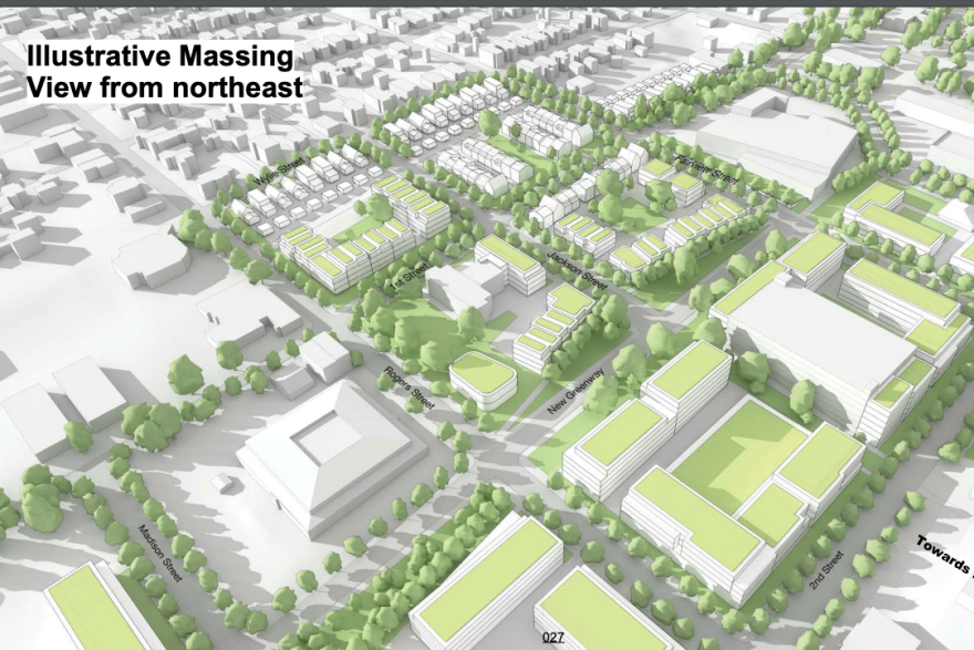 A northeast view of the proposed redevelopment site after the current hospital is demolished.