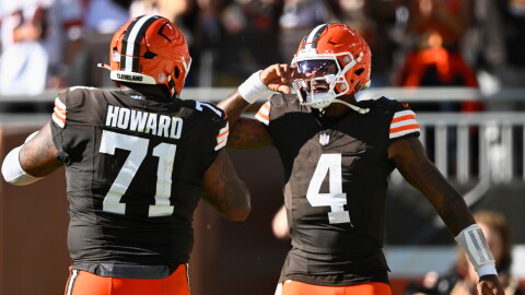 Cleveland Browns quarterback Deshaun Watson (4) celebrates after throwing for a 2-point conversion against the Carolina Panthers during the second half of an NFL football game in Cleveland, Sunday, Sept. 27, 2026. 