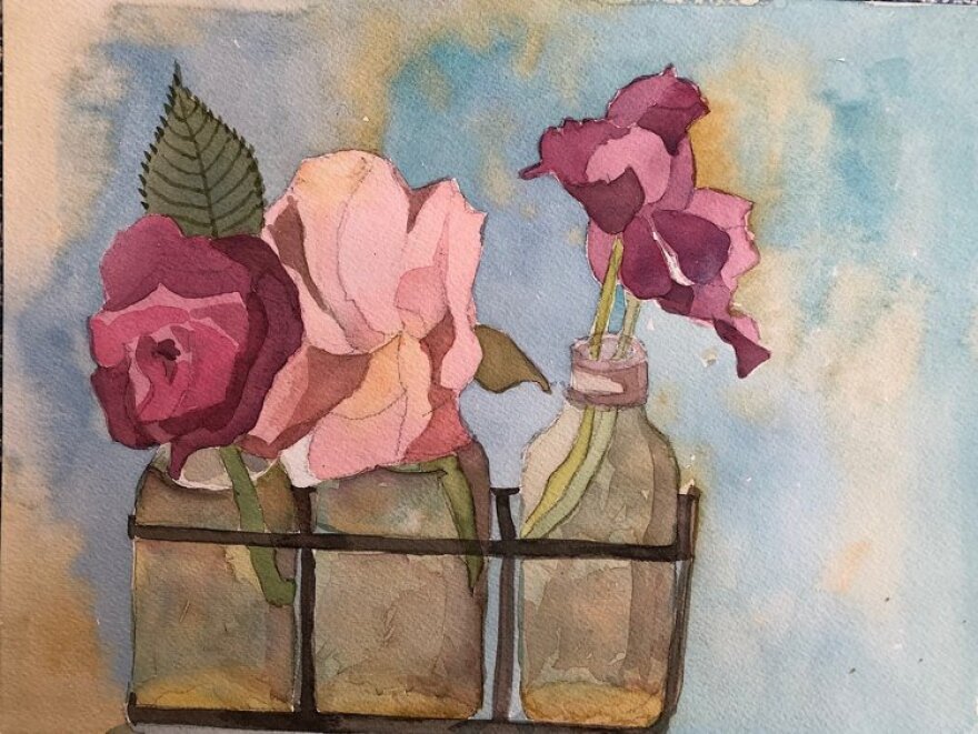 Three Pink Roses, watercolor painting.