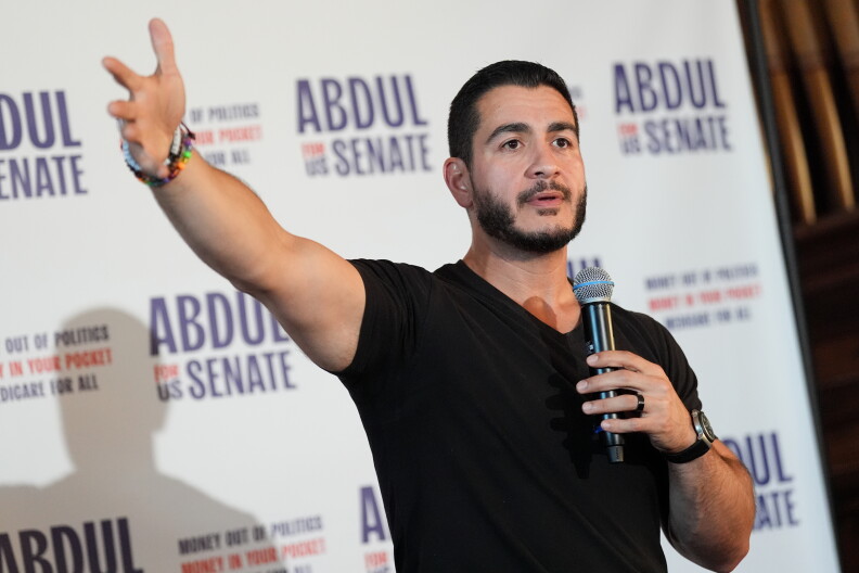 FILE - Abdul El-Sayed, a progressive candidate in the Democratic primary for U.S. Senate in Michigan, speaks during a campaign rally at a coffee shop, Aug. 3, 2026, in Detroit. (AP Photo/Julia Demaree Nikhinson, File)