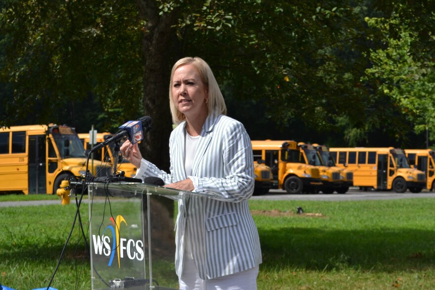 At a press conference on Tuesday, Winston-Salem/Forsyth County Schools Superintendent Tricia McManus said more than 200 bus runs will be late in the mornings and afternoons by at least 15 minutes. AMY DIAZ/WFDD