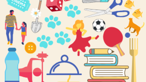 A colorful graphic with hobbies people can do at home such as exercising, dancing, reading, art, and crafting