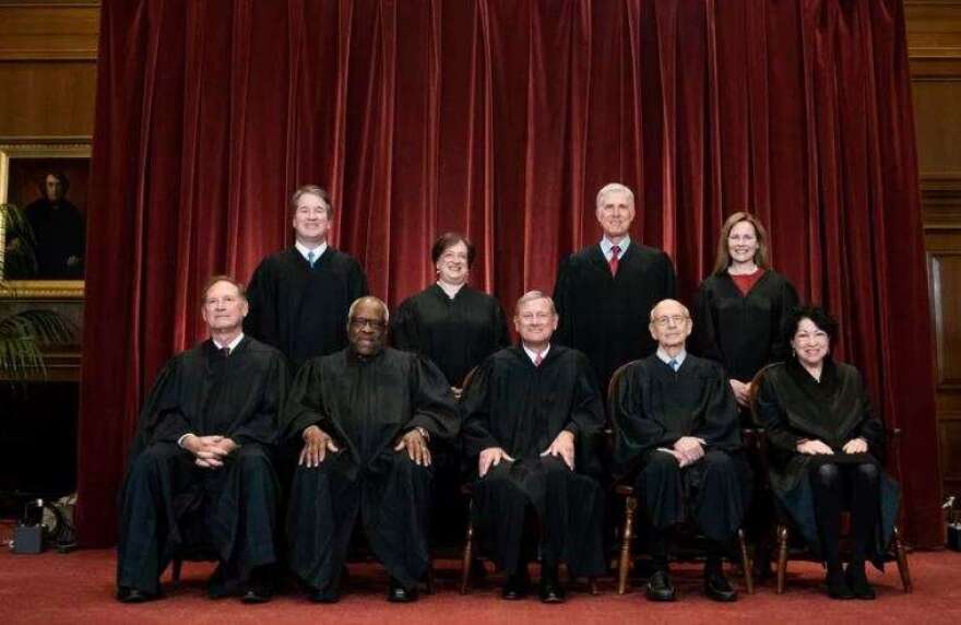 Members of the Supreme Court: Seated from left are Associate Justice Samuel Alito, Associate Justice Clarence Thomas, Chief Justice John Roberts, Associate Justice Stephen Breyer and Associate Justice Sonia Sotomayor, Standing from left are Associate Justice Brett Kavanaugh, Associate Justice Elena Kagan, Associate Justice Neil Gorsuch and Associate Justice Amy Coney Barrett.(Erin Schaff/New York Times/AP)