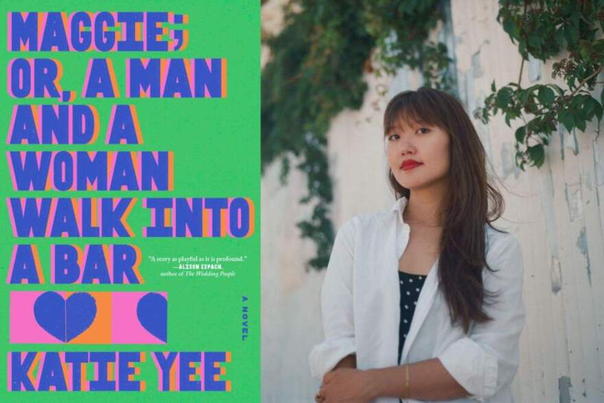 The cover of "Maggie; or, A Man and a Woman Walk Into a Bar" and author Katie Yee. (Courtesy of Simon and Schuster and Shirley Cai)