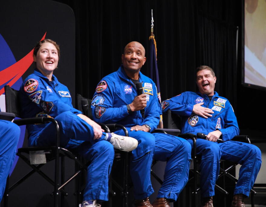 NASA astronauts Victor Glover (center) and Reid Wiseman (left) are joining NASA’s Astronaut Emeritus program. Christina Koch remains in the astronaut corps.