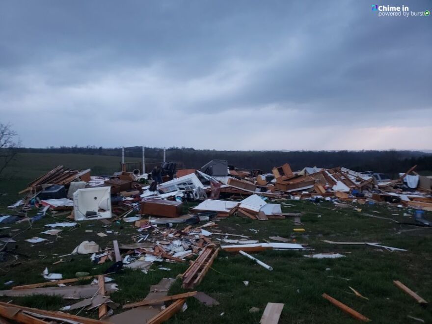 Damage from what officials say was likely a tornado in north-central Arkansas between the towns of Pyatt and Bruno.