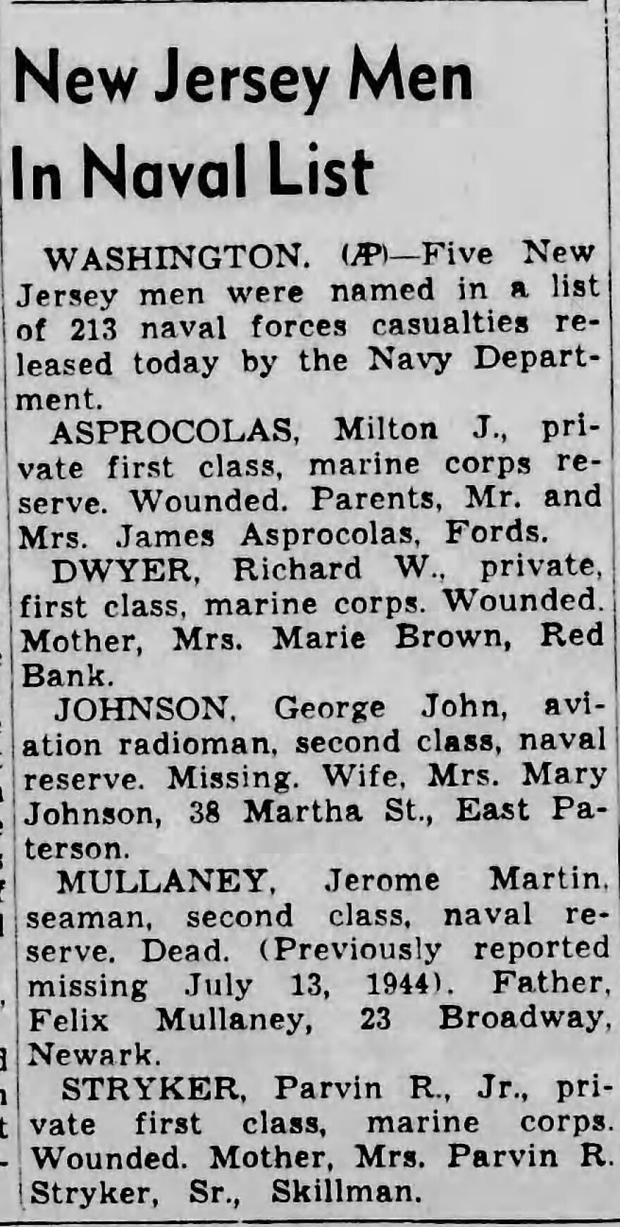 The Aug. 2, 1944 edition of the Jersey Journal lists Jermone Mullaney as a fatality.