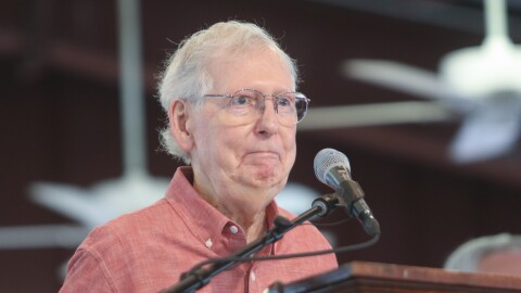 U.S. Sen. Mitch McConnell speaks during the 2023 St. Jerome Picnic in Fancy Farm, Kentucky.