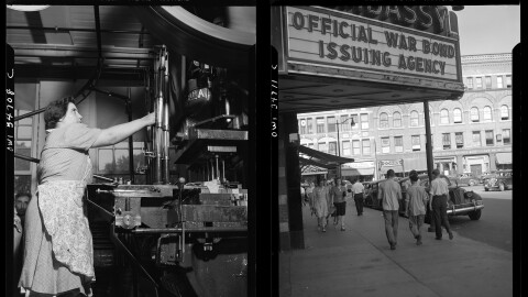 (LEFT) A worker at the Stanley plant wrapping finished bolts and butts for shipping New Britain, Connecticut May 1943. (RIGHT) Street scene New Britain, Connecticut May 1943.