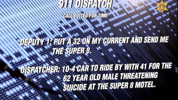 Text displayed during a Monroe County Sheriff’s Office news conference shows portions of 911 dispatch communications with deputies responding to the Super 8 motel in Henrietta on Aug. 9, 2026, where Gregory Kase was later fatally shot by deputies. The Sheriff’s Office presented the dispatch communications along with body-worn camera footage during a news conference at the Monroe County Public Safety Building in Rochester on Thursday, Aug. 20, 2026.