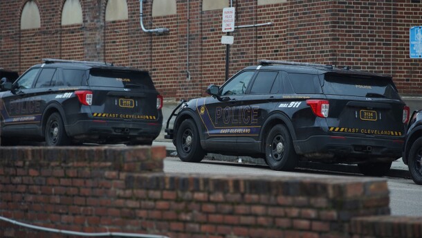 East Cleveland Police Department cruisers are parked outside the department's headquarters.