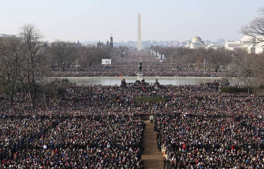 Crowds gather to watch the inauguration of President Barack Obama on Jan. 20, 2009, on the west side of the Capitol in Washington. 