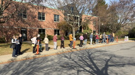 A line of voters stretches along the sidewalk in front of DeWitt Town Hall Wednesday.
