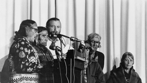 Jack and five Hopi tradionals testifying against coal stripmine on Black Mesa, 1972.