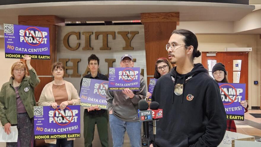 Tonawanda Seneca spokesperson Grandell Hallett Logan, Snipe Clan, front, voices his concern with a new data center planned for Western New York Science & Technology Advanced Manufacturing Park.