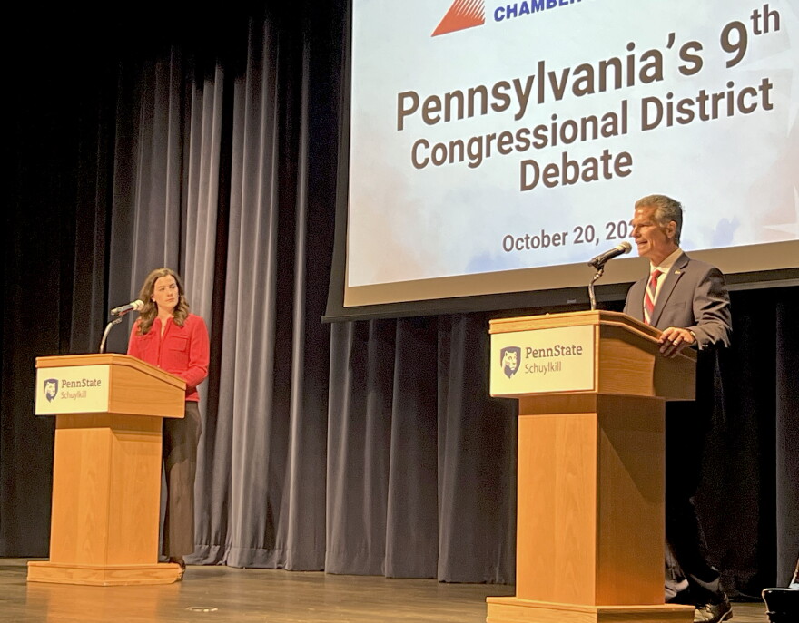 Democratic challenger Rachel Wallace, left, listens as Republican U.S. Rep. Dan Meuser speaks during a Tuesday, Oct. 20, 2026 debate between the two Pennsylvania 9th Congressional District candidates at Penn State Schuylkill in Schuylkill Haven.