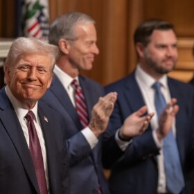 Donald Trump is shown at an event with Republican leaders, including U.S. Senator John Thune, of South Dakota, in January 2025, 10 days before his second term as president began. (Photo by Trump-Vance Transition committee)