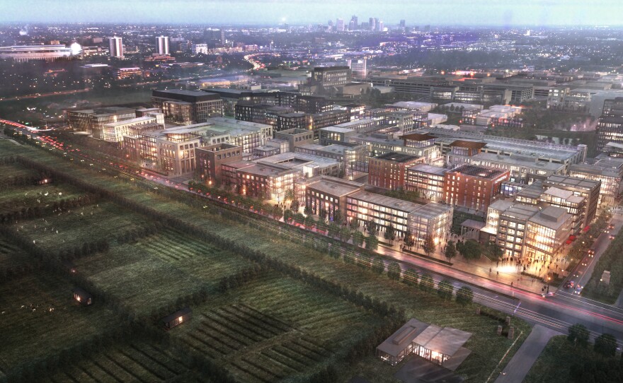 A rendering of Ohio State's Innovation District from the corner of Kenny Road and Lane Avenue.