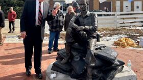 The Ernie Pyle statue in Dana, Ind., was dedicated on Veterans Day. Steve Key, president of the group that operates the Ernie Pyle World War II Museum in Dana, stands next to the statue.