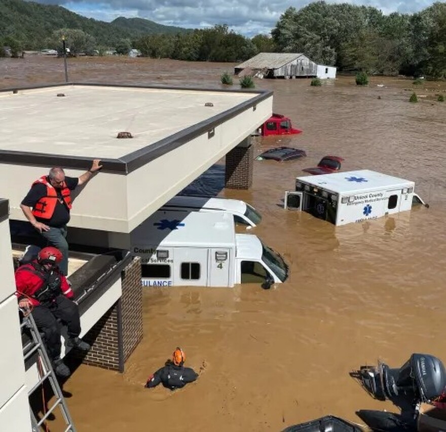 Hospital staffers and emergency responders tried to evacuate patients first by ambulance and then by boat when the Nolichucky River overwhelmed Unicoi County Hospital during Hurricane Helene. Eventually, everyone was evacuated by helicopter.