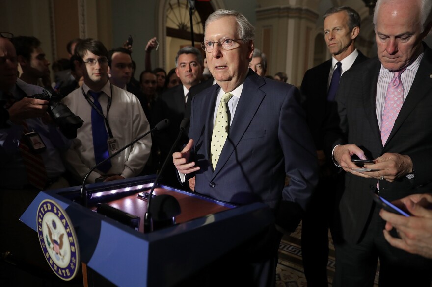 Senate Majority Leader Mitch McConnell, R-K.Y., seen speaking to reporters on Tuesday, is set to release a draft of the Senate's version of the Republican health care bill on Thursday.