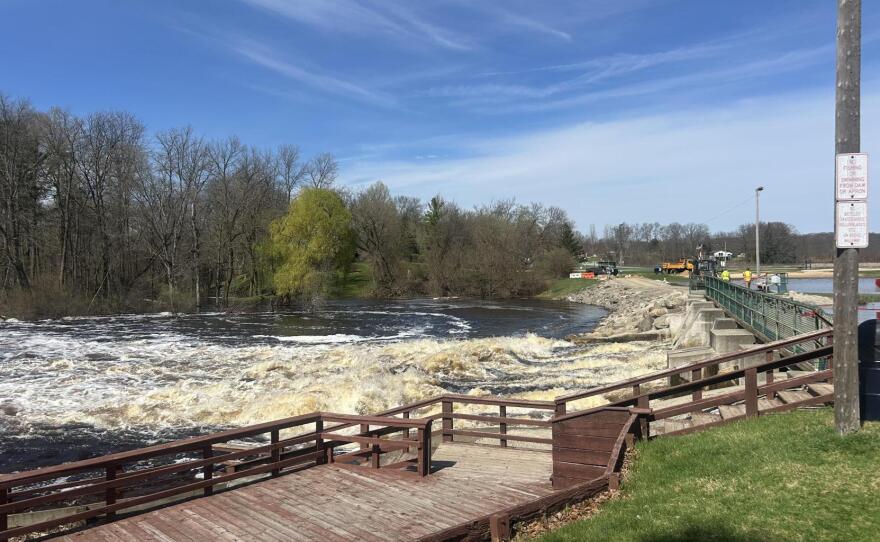 Water flows rapidly through the backside of the Hesperia Dam on Friday, April 17, 2026.