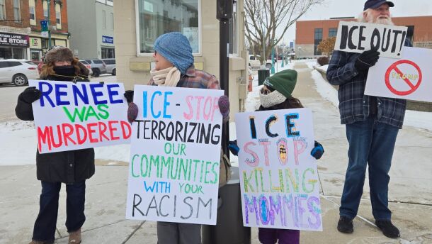A dozen protesters gathered in front of the Noble County Courthouse on Jan. 24, 2026 to protest the actions of Immigration and Customs Enforcement under the Trump administration.