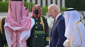 US President Joe Biden arrives at the King Abdulaziz International Airport in the Saudi coastal city of Jeddah.