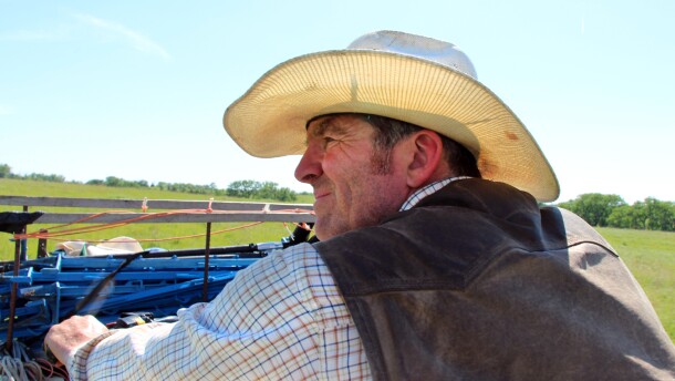 Alex McKiernan drives across the ranch that he and his wife own near the village of Steinauer in southeast Nebraska.