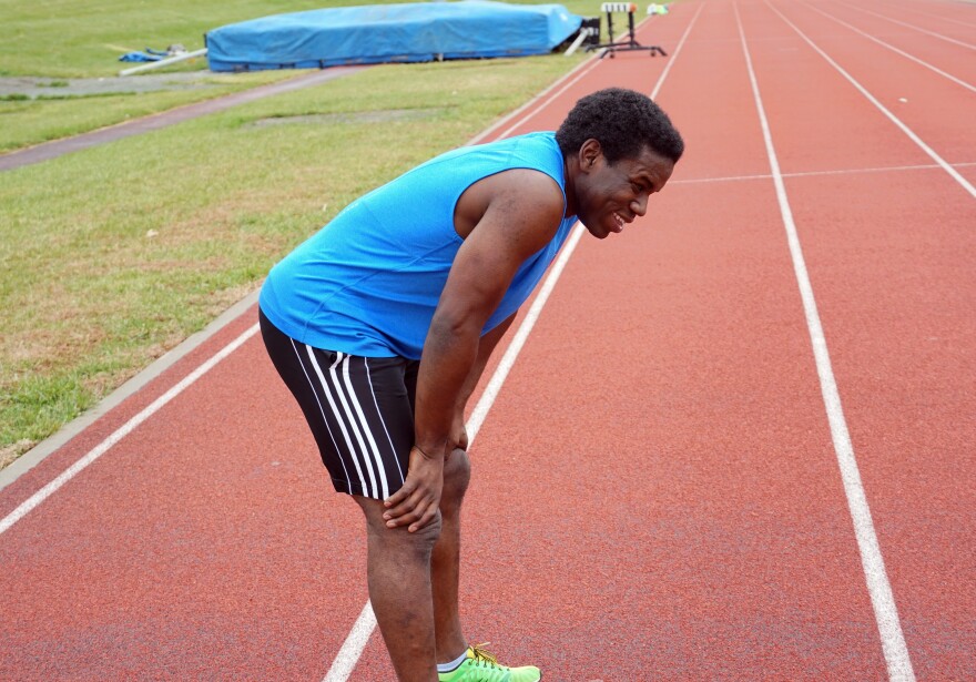 Nick Silver catches his breath in between 200-meter sprints at the St. Louis University Track on December 1, 2018.