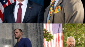 Four white men are pictured individual in one vertical visual. The top left photo is of a greying middle aged man wearing a navy blue dress jacket with a maroon tie and a white button down shirt. An American Flag button is pinned to his left color. In the background on his left is the American Flag and on his right is washed out dark blue. On the top right is of a man with brown hair and facial hair. He wears a khaki colored dress jacket with a colorful handkerchief of geometric shapes in orange, yellows, reds, turquoise and blue shades. His tie matches his handkerchief. Underneath is a light blue button down shirt. He wears thin metal rimmed glasses and there's a black background. He looks out to his left. The bottom left is a clean cut man with brown hair and facial hair. He wears a dark blue suit and he's standing in front of a metal railing and a grey wall. The bottom right picture is of a bald man with brown facial hair. He wears a brown jacket with a black shirt underneath. An American Flag hangs behind him on his right side and he stands in front of trees with only their green leaves showing.
