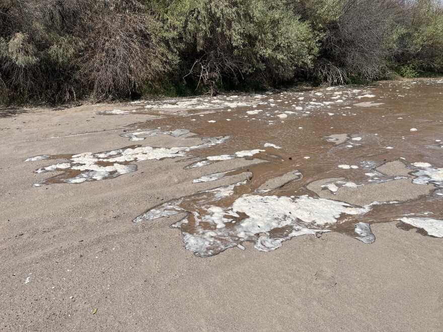 Water released from Abiquiu Lake creeps across the dry riverbed of the Rio Grande in central Albuquerque on Sept. 3, 2026.