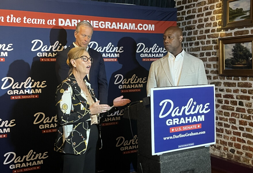 Sen. Darline Graham speaks during a press conference following a fundraiser with Senate Majority Leader John Thune and NRSC Chairman Tim Scott at Halls Chophouse in Charleston on on Oct. 9, 2026.